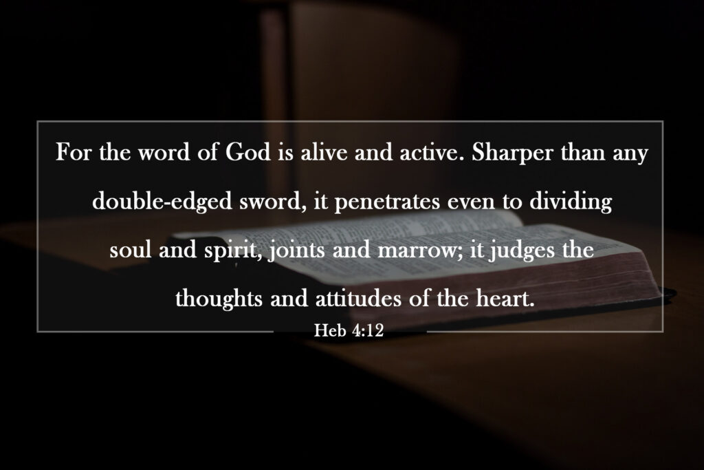 Heb 4:12 | For the word of God is alive and active. Sharper than any double-edged sword, it penetrates even to dividing soul and spirit, joints and marrow; it judges the thoughts and attitudes of the heart.